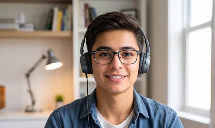 Student with headphones joining an online demo class
